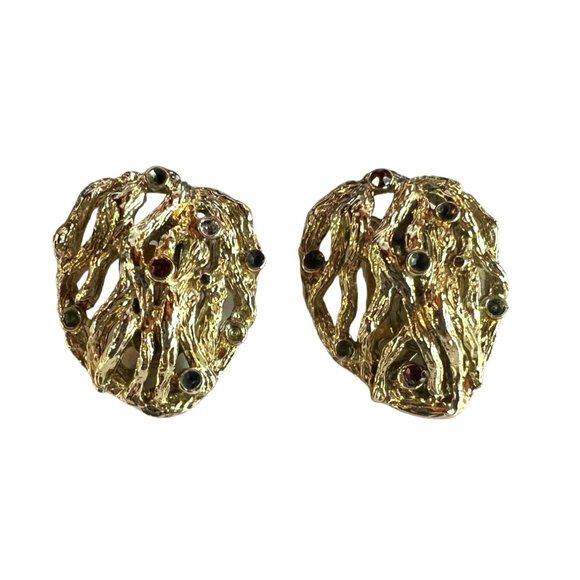 Vintage Coro Gold Tone Rhinestones Nugget Clip On Earrings - Picture 5 of 12